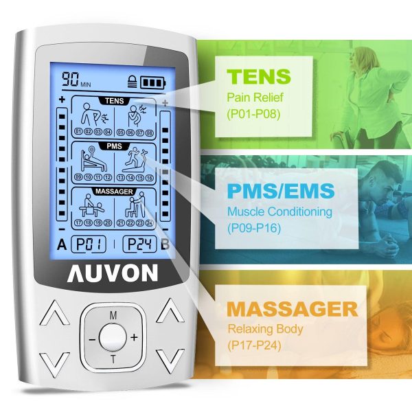 AUVON Dual Channel TENS EMS Unit 24 Modes Muscle Stimulator for Pain Relief, Rechargeable TENS Machine Massager with 12 Pads, ABS Pads Holder, USB Cable and Dust-Proof Storage Bag Cheap - Image 2