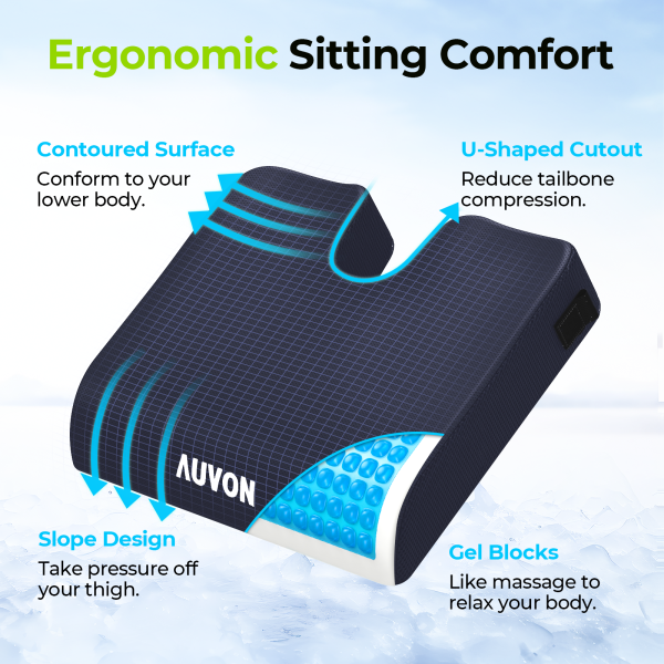AUVON Gel Wheelchair Seat Cushion, Relieve Sciatica, Back, Coccyx, Pressure Sore and Ulcer Pain, Refreshing & Ergonomic Chair Cushion with Waterproof Silk Fabric, Anti-Slip Cover, Removable Strap For Cheap - Image 4