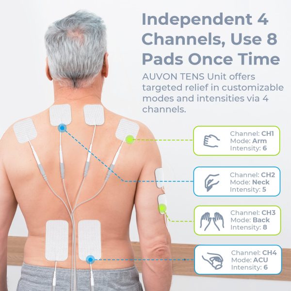 AUVON 4 Outputs TENS Unit 24 Modes Muscle Stimulator with EVA Travel Case, Rechargeable TENS EMS Machine with Easy-to-Select Button Design for Pain Relief, 2X Battery Life, 10 Electrode Pads Sale - Image 3